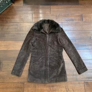 Brown leather coat fur collar
